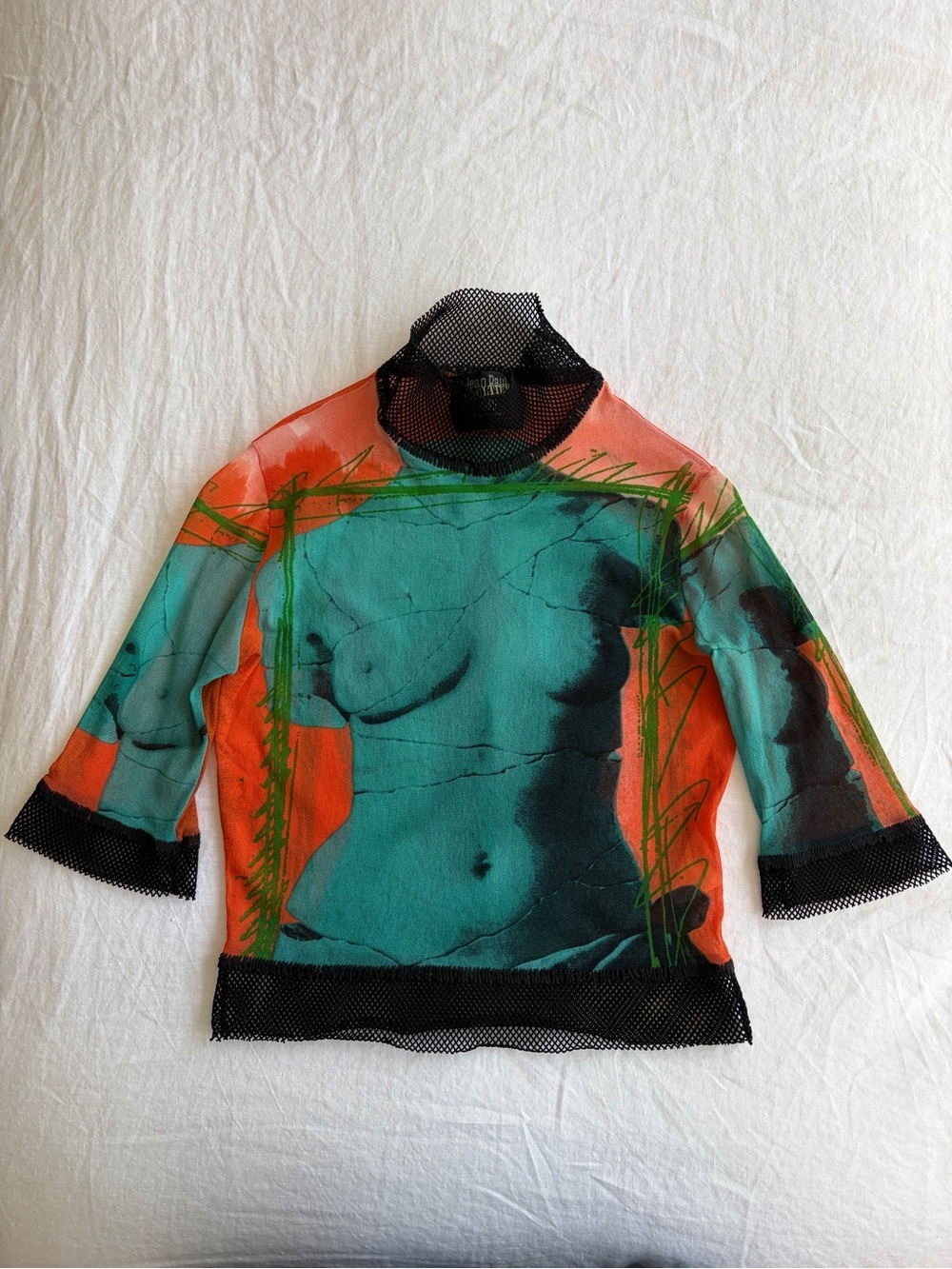 Vintage Jean Paul Gaultier SS 1999 Venus Mesh Fishnet Mock Neck Short Sleeve Top